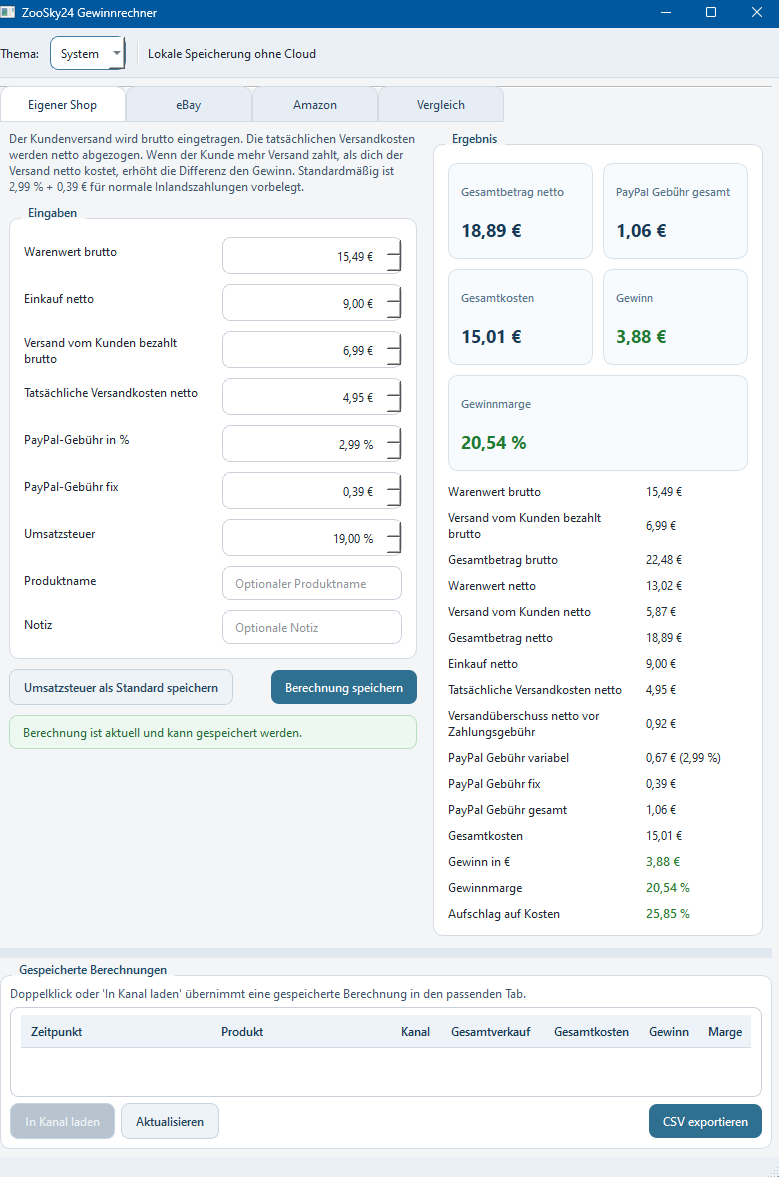 Gewinnrechner für Onlinehandel zur Kalkulation von Onlineshop, eBay und Amazon